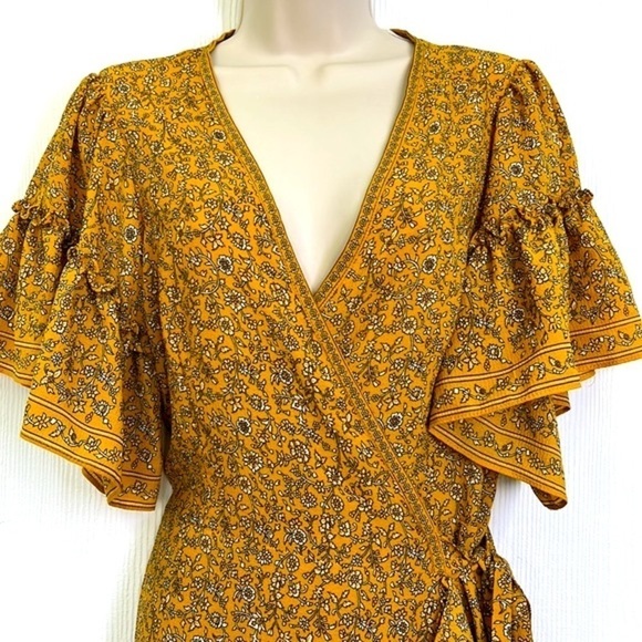 Max Studio - Yellow Ruffled White Floral Mid Short Sleeve Dress Size Medium - Picture 3 of 13